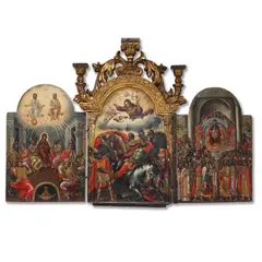 Double-sided triptych: The Disputation on the Holy Sacrament, The Descent of the Holy Spirit, The Conversion of Saul & "In Thee Rejoiceth", Ionian School (Heptanese School), second half of the 17th century