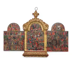 Georgios Klontzas, The Spada Triptych: The Last Judgment; The Resurrection with Passion Scenes; "In Thee Rejoiceth"; View of the Monastery of Saint Catherine on Mount Sinai with Scenes from Exodus,, tempera and gold, on gesso, on carved wooden panel