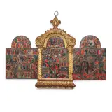 Georgios Klontzas, The Spada Triptych: The Last Judgment; The Resurrection with Passion Scenes; "In Thee Rejoiceth"; View of the Monastery of Saint Catherine on Mount Sinai with Scenes from Exodus,, tempera and gold, on gesso, on carved wooden panel