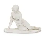 The seated young female nude partially supporting her turned body on her right arm, her left arm raised, her inclined head with parted lips and uplifted eyes in an expression of attentiveness, on integral naturalistic oval base, the rear inscribed, signed and dated EVE by E.H. BAILY R.A. Sculpt, London 1848, 90cm high, 125cm wide, 66cm deep, together with a pair of modern composition double scroll ended bracket supports, 39.5cm high, 14.5cm wide, 36cm deep  (3) by Edward Hodges Baily: A carved white marble figure of 'Eve listening to the voice of Adam', offered Jul 2026