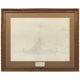 The first, pencil on paper, circa 1889, 55cm x 74cm, the second showing perspectives of the north, south and east sides of the courtyard and the elevation to Maida Vale, pen, ink and watercolour over pencil, each signed with initials, one in full, all inscribed and dated Mar.17.92, 16.3xm x 41.8cm, by James Howard Ince: Elevation of the base for the Shaftesbury Memorial for Sir Alfred Gilbert Ra, together with Four Elevations for the house and studio of Sir Alfred Gilbert Ra at 16 Maida Vale, both later framed and glazed  (2), sold Jul 2026