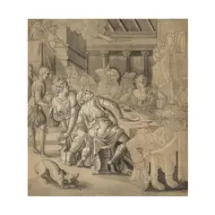 Marten de Vos, Le Festin de Balthazar, pen and brown ink, grey wash, heightened with white