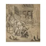Marten de Vos, Le Festin de Balthazar, pen and brown ink, grey wash, heightened with white