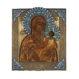 maker's mark in Cyrillic, 'AM', Moscow by Icône reprénsentant la Mère de Dieu Shuiskaya Icon of The Shuiskaya Mother of God, 1893, sold Apr 2026