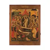realistically painted on a gilt-ground with Saints flanking the Mother of God by Icône représentant la Dormition de la Mère de Dieu, probablement Moscou, XVIIe siècle Icon of the Dormition of The Mother of God, possibly Moscow, 17th century, sold Apr 2026