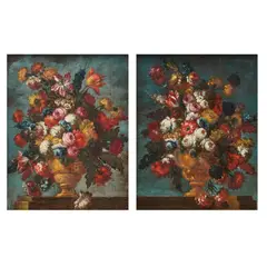 Gasparo Lopez, Still lifes of roses, tulips, chrysanthemums and other flowers in bronze urns on stone ledges, a pair, oil on canvas