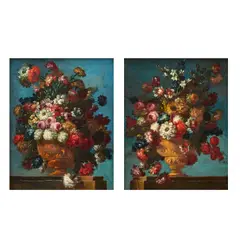 Gasparo Lopez, Still lifes of roses, chrysanthemums, narcissi and other flowers in bronze urns on stone ledges, a pair, oil on canvas