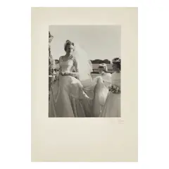 Cecil Beaton, Lady Anne Coke on her wedding day to Colin Tennant, 3rd Baron Glenconner, with her bridesmaids: Catherine Tennant and Juliet Harvey, 21 April 1956, Silver gelatin print, mounted to card, the card signed 'Beaton' (lower left) and with photographer's ink-stamp credit to reverse of the card