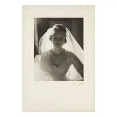 Cecil Beaton, Lady Anne Coke on her wedding day to Colin Tennant, 3rd Baron Glenconner, 21 April 1956, Silver gelatin print, mounted to card, the card signed 'Beaton' (lower left) and with photographer's ink-stamp credit to reverse of the card
