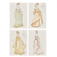 Carl Toms, The Peacock Ball: A set of four costume designs created for Lady Glenconner, Princess Margaret, Tatiana Soskin and Susannah Constantine, watercolour, pencil and gold pen on paper