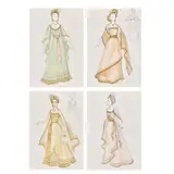 Carl Toms, The Peacock Ball: A set of four costume designs created for Lady Glenconner, Princess Margaret, Tatiana Soskin and Susannah Constantine, watercolour, pencil and gold pen on paper