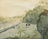 Lansdown Guilding, View of the barren summit of Morne Soufrière - St. Vincent, taken below the chain cable spouts in the river Rabaca, 1822, pencil and watercolour