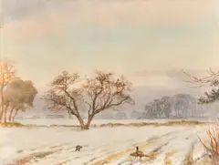 John Cyril Harrison, Pheasants in a winter landscape, watercolour over traces of pencil