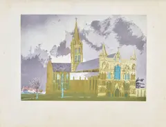 Patrick Procktor, R.A., R.W.S., Sarum (North-West view of Salisbury Cathedral), Aquatint and etching in colours, 1974, on wove paper