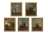 David Morier, An equestrian portrait of King George III; King Fredrick V of Denmark on a white horse; The Duke of Cumberland on a black horse, holding a baton of command; A general, said to be the Duke of Cumberland, surveying his troops with a river beyond; Said to be the Duke of Rutland on a bay receiving his hat from an orderly, a set of five, oil on canvas