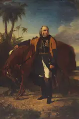 Edwin Williams, Portrait of Lieutenant General Sir Charles Napier (1782–1853) and his Arab Charger 'Red Rover' in a landscape with palm trees, oil on canvas