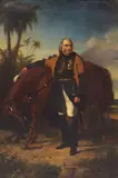 Edwin Williams, Portrait of Lieutenant General Sir Charles Napier (1782–1853) and his Arab Charger 'Red Rover' in a landscape with palm trees, oil on canvas