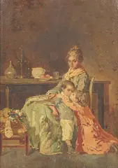 Raffaele Ragione, Sisterly affection, oil on panel, over a printed base