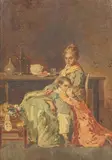 Raffaele Ragione, Sisterly affection, oil on panel, over a printed base