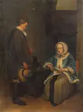 After Gerard Ter Borch, An elegant lady reading a letter in the presence of a messenger, oil on canvas