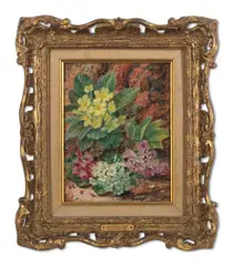 Oliver Clare, Still life of primroses, oil on board