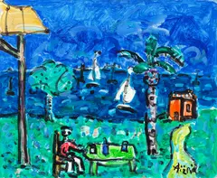 Paul Augustin Aizpiri, La baie et la maison rouge, acrylic on canvas