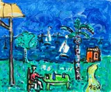 Paul Augustin Aizpiri, La baie et la maison rouge, acrylic on canvas