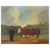English School, Prize bull and owner, oil on canvas