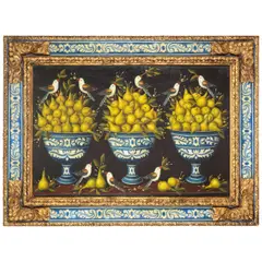 Miguel Canals, Still life of pears, birds and foliage, oil on canvas, in a painted frame