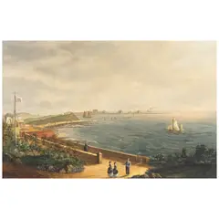 English School, A coastal scene, with a military encampment on the headland, oil on canvas