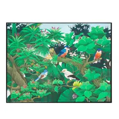 Balinese School, Exotic birds in a forest, oil on linen, laid to board