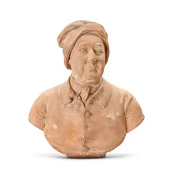 John van Nost the Younger: A sculpted terracotta bust of David la Touche II, The sitter looking slightly to sinister and clad in a collared jacket and tied stock wearing a tasseled capm 55cm high, 47cm wide, 22cm deep approx