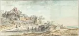 Jean-Baptiste Lallemand, Ruins in the Campagna, Rome, pen and ink with watercolour