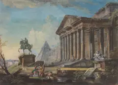 Jean-Baptiste Lallemand, A capriccio with the statue of Marcus Aurelius before a portico, gouache and watercolour