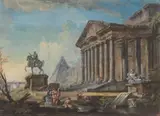 Jean-Baptiste Lallemand, A capriccio with the statue of Marcus Aurelius before a portico, gouache and watercolour