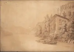 Peter Birmann, The Chapel of Tell, Lake Lucerne, pen, ink and brown wash