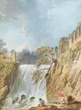 Roman School, Figures by a waterfall, pen, black ink and gouache on laid card