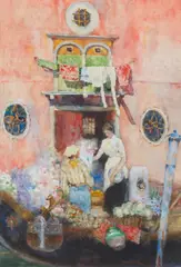 David Woodlock, A vegetable boat on the canal, Venice, watercolour heightened with white