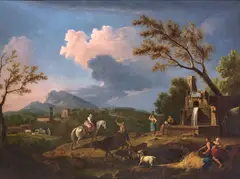 Francesco Zuccarelli, An Italianate landscape with figures tending to their flocks beside a water fountain, oil on canvas