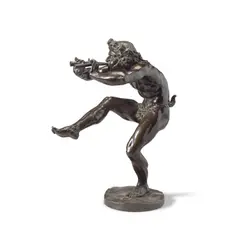 Eugène-Louis Lequesne, patinated bronze figure of 'Faun playing a flute', patinated bronze