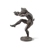Eugène-Louis Lequesne, patinated bronze figure of 'Faun playing a flute', patinated bronze