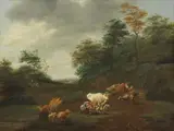 A shepherdess with her flock in an Italianate landscape by Nicolaes Pieterszoon Berchem, oil on panel, sold Jan 2025