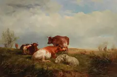 James Walsham Baldock, Cattle and sheep on the downs, oil on canvas