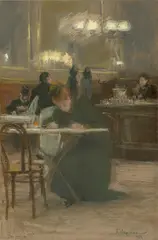 Franz Skarbina, De quoi écrire, 1892, Pastell auf braunem Papier (Wasserzeichen: Vidalon-Les-Annonay Canson & Montgolfier) auf Karton