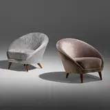 Contemporary, Lounge chairs, pair, upholstery, walnut