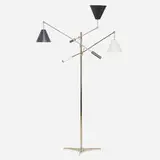 Contemporary, Three-arm floor lamp, 2019, chrome-plated stainless steel, enameled aluminum