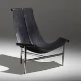 Rare lounge chair, model 15-LC by William Katavolos, Ross Littell and Douglas Kelley, attribution, 1953, chrome-plated steel, enameled steel, leather, teak, sold Apr 2022