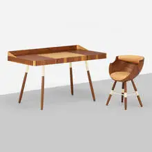 Oluf Lund, Missboss desk and Zun chair, c. 2020, rosewood, enameled metal, leather