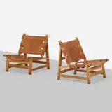 Lounge chairs, pair by Børge Mogensen, 1967, oak, leather, sold Apr 2022