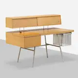 Home Office desk, model 4658 by George Nelson & Associates, 1946, combed oak, chrome-plated steel, leather, perforated aluminum, sold Apr 2022